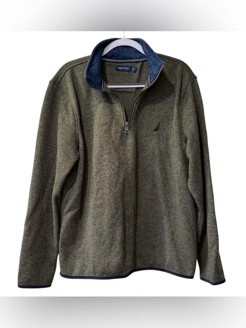 Nautica men's Large long sleeve quarter-zip olive green fleece pullover